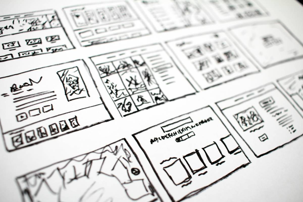 tvOS layouts, black and white doodles.